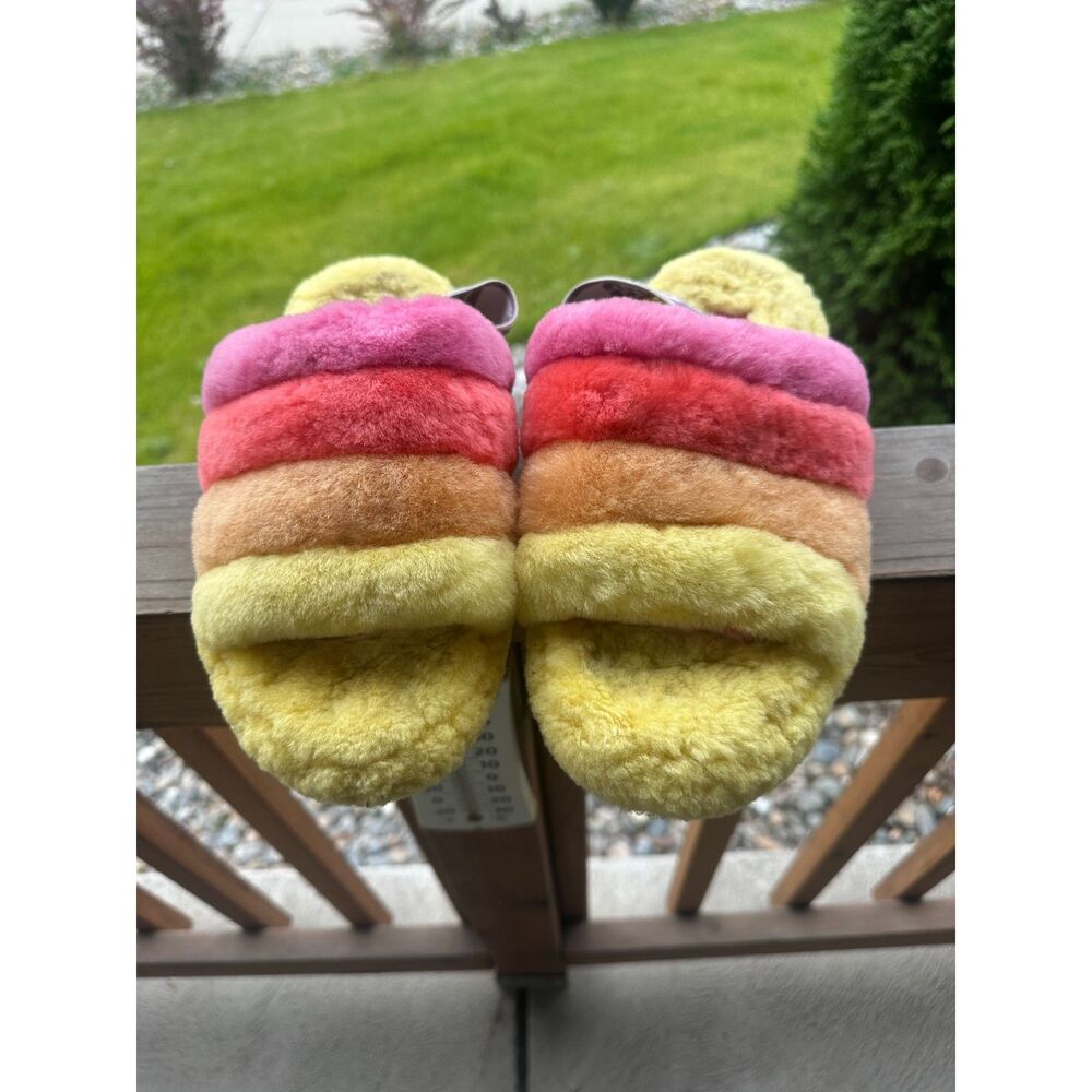 UGG Fluff Yeah Slide Sunset Rainbow Pink Yellow Sheepskin Sandals Women's Size 7